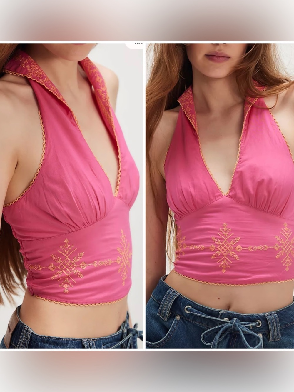 NWOT 100% Cotton Free People Hello Lover Pink Embroidered Halter Crop Top